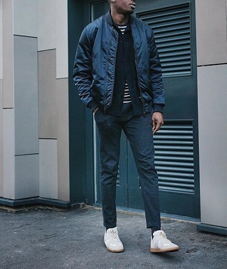 Navy Check Chinos Outfits: If it's comfort and functionality that you love in an outfit, team a navy bomber jacket with navy check chinos. White canvas low top sneakers are a winning footwear style that's also full of character.