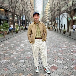 Men's Tan Bomber Jacket, Olive Linen Short Sleeve Shirt, White Chinos, Mint Canvas High Top Sneakers