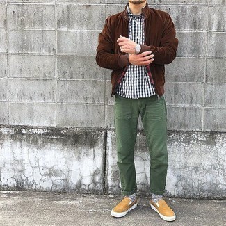 Men's Dark Brown Bomber Jacket, White and Black Gingham Short Sleeve Shirt, Olive Chinos, Tan Canvas Slip-on Sneakers