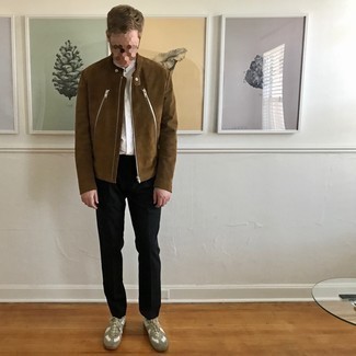 Brown Suede Bomber Jacket Outfits For Men: This casual combo of a brown suede bomber jacket and black chinos is super easy to pull together without a second thought, helping you look stylish and prepared for anything without spending a ton of time digging through your wardrobe. Break up this look by finishing with white leather low top sneakers.
