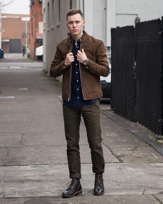 Dark Brown Suede Bomber Jacket Outfits For Men: If you don't like spending too much time on your combinations, try pairing a dark brown suede bomber jacket with olive chinos. Want to go all out on the shoe front? Complete your look with black leather casual boots.
