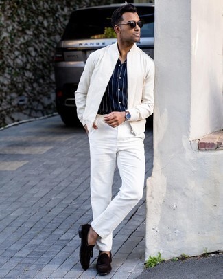 Dark Brown Suede Tassel Loafers Outfits: A white bomber jacket and white chinos are bona fide menswear staples if you're piecing together an off-duty closet that holds to the highest sartorial standards. Perk up your ensemble by rocking a pair of dark brown suede tassel loafers.