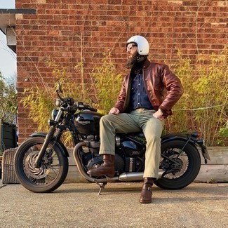Men's Brown Leather Bomber Jacket, Navy Denim Short Sleeve Shirt, Olive Chinos, Dark Brown Leather Chelsea Boots