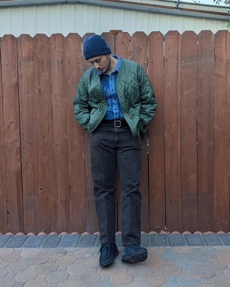 Charcoal Jeans Chill Weather Outfits For Men: This laid-back combo of a dark green quilted bomber jacket and charcoal jeans is a safe option when you need to look dapper in a flash. Bump up this whole outfit with navy suede desert boots.