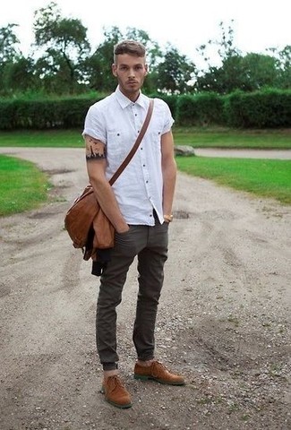 Men's Brown Leather Bomber Jacket, White Short Sleeve Shirt, Charcoal Jeans, Brown Leather Derby Shoes