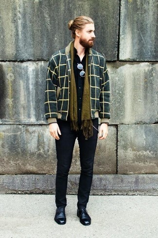 Dark Green Scarf Outfits For Men: For a laid-back and cool look, team a navy check bomber jacket with a dark green scarf — these pieces play pretty good together. Don't know how to finish this ensemble? Rock a pair of black leather derby shoes to dial it up a notch.