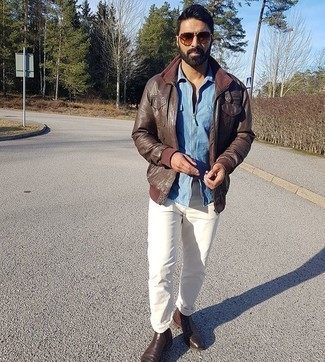 Brown Sunglasses Outfits For Men: You'll be surprised at how easy it is for any guy to get dressed like this. Just a dark brown leather bomber jacket and brown sunglasses. Finishing with dark brown leather chelsea boots is an effortless way to breathe an extra dose of style into this ensemble.