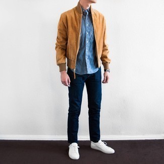 Men's Tobacco Suede Bomber Jacket, Blue Chambray Short Sleeve Shirt, Navy Jeans, White Canvas Low Top Sneakers