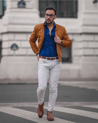 Tobacco Leather Chelsea Boots Outfits For Men: For something on the casually cool side, pair a tobacco suede bomber jacket with white jeans. A pair of tobacco leather chelsea boots will bring a classic aesthetic to the outfit.