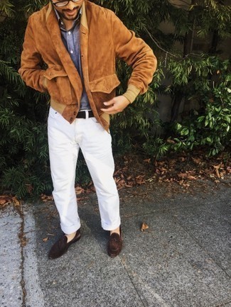 Tobacco Bomber Jacket Outfits For Men: For an on-trend ensemble without the need to sacrifice on practicality, we like this combination of a tobacco bomber jacket and white jeans. Throw dark brown suede loafers in the mix to instantly jazz up the look.