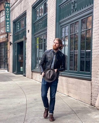 Charcoal Wool Hat Outfits For Men: A black leather bomber jacket and a charcoal wool hat make for the ultimate laid-back ensemble for any gentleman. Clueless about how to complete your look? Wear a pair of dark brown leather casual boots to kick it up a notch.