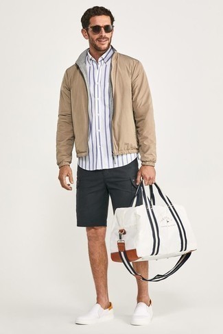 Tan Bomber Jacket Outfits For Men: This off-duty combo of a tan bomber jacket and charcoal shorts is a tested option when you need to look cool and casual but have no extra time. White canvas slip-on sneakers will pull your whole look together.