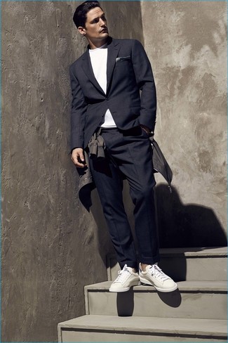 Men's Charcoal Bomber Jacket, Navy Suit, White Crew-neck T-shirt, White Leather Low Top Sneakers
