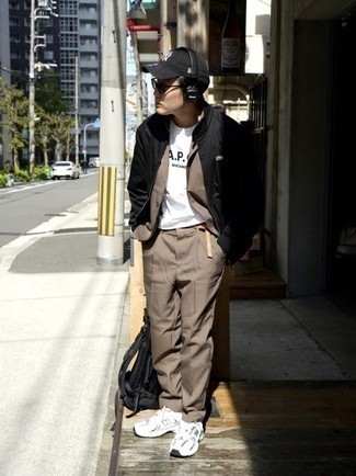 Men's Black Bomber Jacket, Brown Suit, White and Black Print Crew-neck T-shirt, White Athletic Shoes