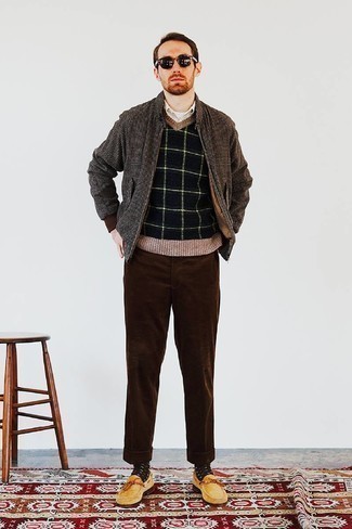Tobacco Corduroy Chinos Outfits: This combination of a dark brown check bomber jacket and tobacco corduroy chinos is proof that a safe off-duty ensemble doesn't have to be boring. Introduce tobacco suede loafers to the equation to kick things up to the next level.
