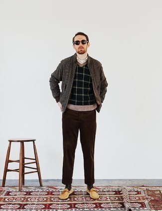 Tan Suede Loafers Outfits For Men: This combo of a dark brown check bomber jacket and dark brown corduroy chinos is effortless, stylish and super easy to replicate. On the fence about how to finish your outfit? Finish with a pair of tan suede loafers to boost the fashion factor.
