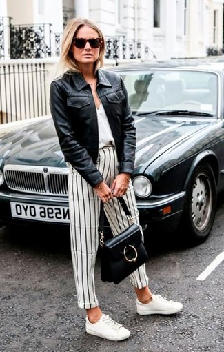 Women's Black Leather Bomber Jacket, White Silk Tank, White and Black Vertical Striped Dress Pants, White Low Top Sneakers
