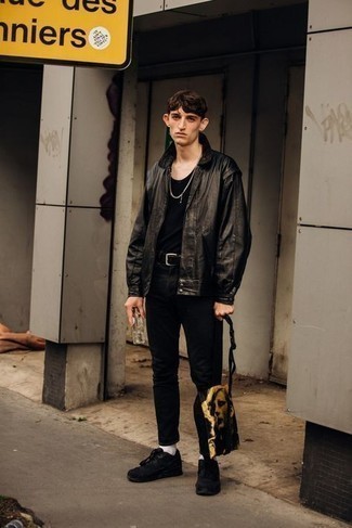 Black Leather Bomber Jacket with Black Jeans Outfits For Men: A black leather bomber jacket and black jeans are the perfect foundation for a casually dapper outfit. Finish off with a pair of black athletic shoes to loosen things up.