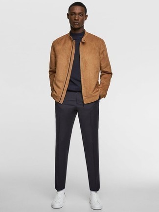 Men's Tan Suede Bomber Jacket, Navy Turtleneck, Navy Chinos, White Leather Low Top Sneakers