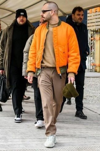 Men's Orange Bomber Jacket, Tan Wool Turtleneck, Khaki Chinos, White Athletic Shoes