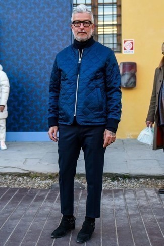 Blue Bomber Jacket Outfits For Men: A blue bomber jacket and navy chinos are great menswear must-haves that will integrate perfectly within your day-to-day styling arsenal. To give your ensemble a smarter twist, complement your look with a pair of black suede chelsea boots.