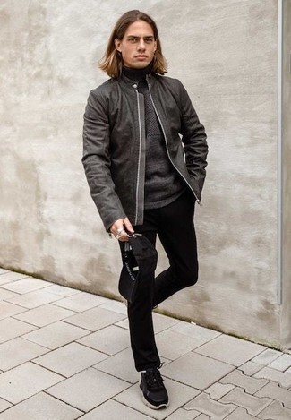 Men's Charcoal Leather Bomber Jacket, Charcoal Turtleneck, Black Chinos, Black Athletic Shoes