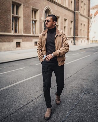 Tan Bomber Jacket Outfits For Men: Marrying a tan bomber jacket with black chinos is an on-point pick for a relaxed casual look. Clueless about how to complement this outfit? Rock a pair of tan suede chelsea boots to bump up the classy factor.