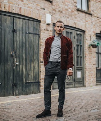 Tobacco Suede Bomber Jacket Outfits For Men: A tobacco suede bomber jacket and charcoal chinos are must-have menswear staples if you're planning a casual wardrobe that matches up to the highest sartorial standards. On the footwear front, this ensemble is completed really well with dark brown suede desert boots.