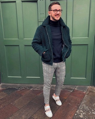Dark Green Fleece Bomber Jacket Outfits For Men: For a laid-back and cool outfit, rock a dark green fleece bomber jacket with grey plaid chinos — these two items fit really good together. Introduce white print leather low top sneakers to this ensemble and the whole ensemble will come together.