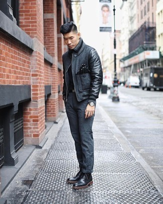Men's Charcoal Wool Bomber Jacket, Black Turtleneck, Charcoal Plaid Chinos, Black Leather Casual Boots