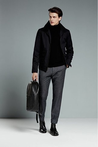 Men's Black Bomber Jacket, Black Turtleneck, Charcoal Check Wool Chinos, Black Leather Chelsea Boots