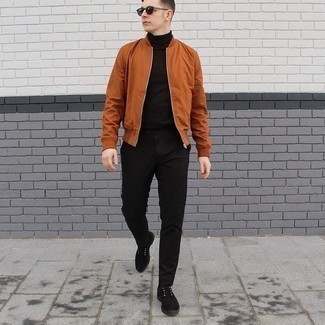 Derby Shoes Outfits: If the situation permits a relaxed casual ensemble, you can wear a tobacco bomber jacket and black chinos. Derby shoes are the simplest way to bring an extra dose of style to this outfit.