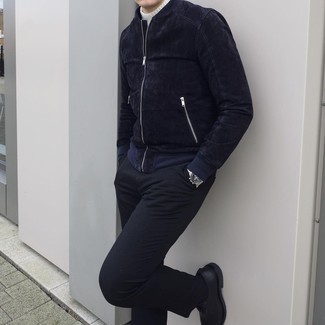Men's Navy Suede Bomber Jacket, White Knit Wool Turtleneck, Black Chinos, Black Leather Oxford Shoes