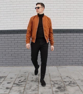 Derby Shoes Outfits: Make a tobacco bomber jacket and black chinos your outfit choice for an everyday look that's full of charisma and personality. You could perhaps get a bit experimental on the shoe front and polish off this look by finishing off with derby shoes.