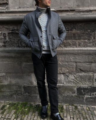 The versatility of a grey wool bomber jacket and black chinos ensures they will always be on permanent rotation in your wardrobe. Tone down the casualness of this ensemble by rocking a pair of black leather loafers.