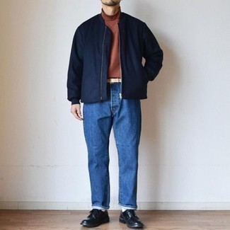 Blue Bomber Jacket Outfits For Men: A blue bomber jacket and blue jeans are the kind of a foolproof casual look that you so desperately need when you have no time to spare. Make a bit more effort now and introduce a pair of black leather derby shoes to the mix.