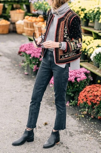 Charcoal Jeans Outfits For Women: A black embellished velvet bomber jacket and charcoal jeans are the kind of a no-brainer casual getup that you so terribly need when you have no time. A cool pair of black leather chelsea boots pulls this ensemble together.