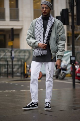 Men's Mint Bomber Jacket, Charcoal Wool Turtleneck, White Jeans, Black and White Canvas Low Top Sneakers
