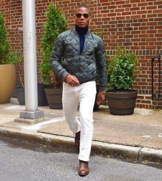 Men's Olive Camouflage Bomber Jacket, Navy Turtleneck, White Jeans, Brown Leather Casual Boots