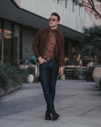 Dark Brown Suede Casual Boots Outfits For Men: A dark brown suede bomber jacket and navy jeans are the kind of a tested casual outfit that you so terribly need when you have zero time to dress up. Dark brown suede casual boots are guaranteed to breathe an extra touch of class into your look.