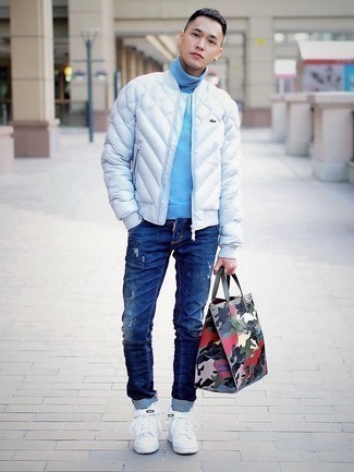 Multi colored Leather Tote Bag Outfits For Men: You'll be amazed at how easy it is for any gentleman to put together a relaxed ensemble like this. Just a white quilted bomber jacket and a multi colored leather tote bag. To give this ensemble a more refined vibe, why not add white canvas high top sneakers to your look?