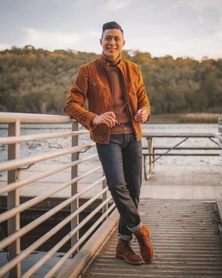 Brown Suede Casual Boots Outfits For Men: A tobacco suede bomber jacket and charcoal jeans are wonderful menswear staples that will integrate nicely within your daily lineup. Round off with brown suede casual boots to punch up this look.