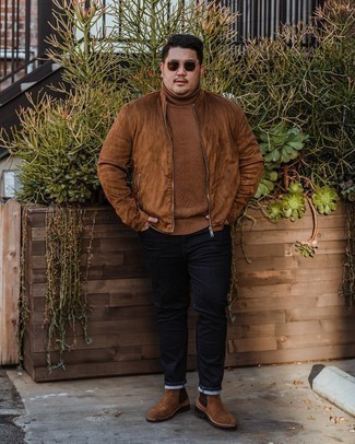 Black Pants with Brown Shoes Outfits For Men: Try pairing a brown suede bomber jacket with black pants for a fashionable and urban ensemble. For something more on the smart end to round off this ensemble, complement this look with brown suede chelsea boots.