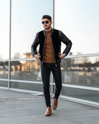 Black Skinny Jeans with Brown Leather Boots Outfits For Men: This relaxed pairing of a black suede bomber jacket and black skinny jeans is super easy to pull together without a second thought, helping you look seriously stylish and prepared for anything without spending a ton of time combing through your wardrobe. Get a little creative when it comes to footwear and complete your ensemble with a pair of brown leather boots.