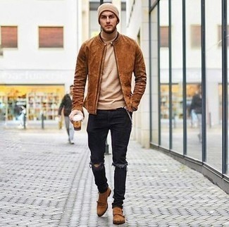 Dark Brown Suede Chelsea Boots Outfits For Men: You'll be amazed at how easy it is for any gent to get dressed this way. Just a brown suede bomber jacket matched with black ripped skinny jeans. Go ahead and go for dark brown suede chelsea boots for an extra touch of elegance.