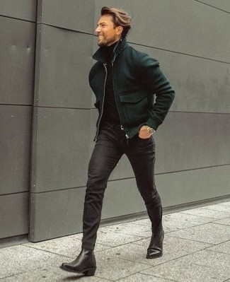 Dark Green Wool Bomber Jacket Outfits For Men: A dark green wool bomber jacket and black skinny jeans are true menswear staples if you're piecing together a casual wardrobe that matches up to the highest sartorial standards. To bring some extra fanciness to this look, introduce a pair of black leather chelsea boots to the equation.