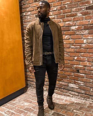 Dark Brown Suede Chelsea Boots Outfits For Men: A brown suede bomber jacket and black ripped skinny jeans matched together are a perfect match. Introduce dark brown suede chelsea boots to the mix for an instant dressy look.