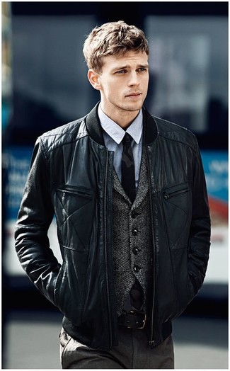 Men's Black Quilted Leather Bomber Jacket, Charcoal Wool Waistcoat, Grey Chambray Dress Shirt, Charcoal Dress Pants