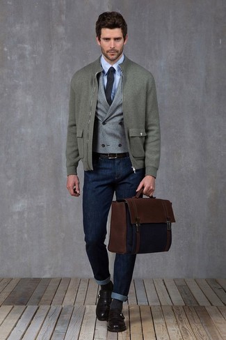 Men's Grey Wool Bomber Jacket, Grey Wool Waistcoat, Light Blue Dress Shirt, Navy Jeans