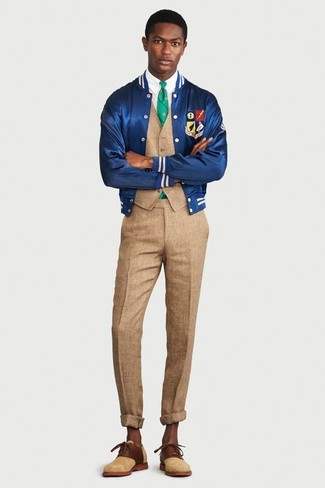 Tan Suede Oxford Shoes Outfits: Marry a blue satin bomber jacket with khaki dress pants for an incredibly smart outfit. Let your sartorial expertise really shine by finishing off this look with tan suede oxford shoes.